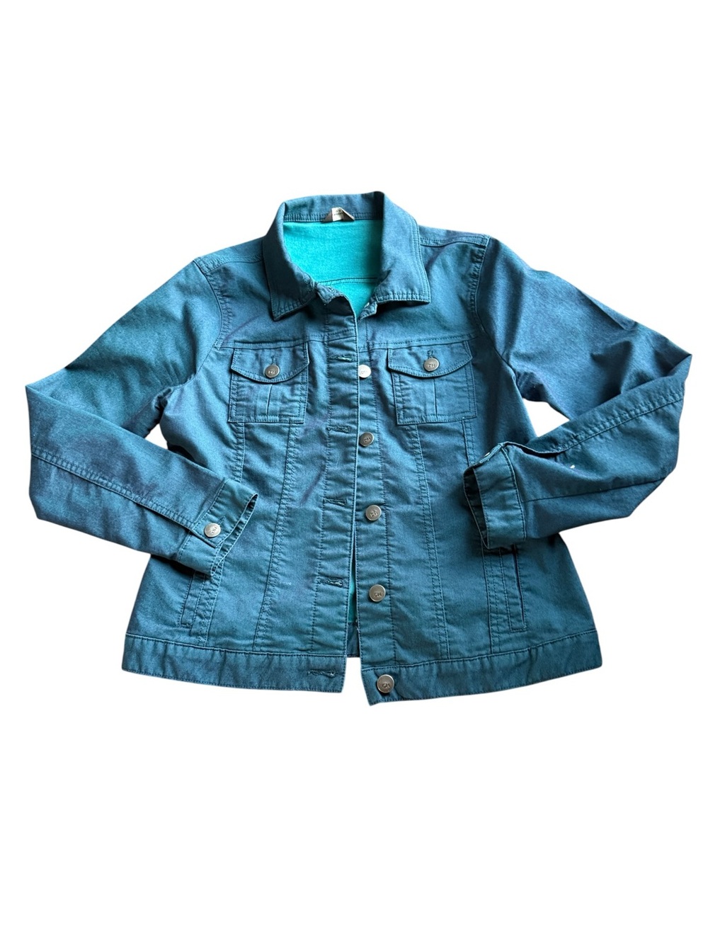 Denver Hayes Teal Denim Jacket, stretch, size Medium